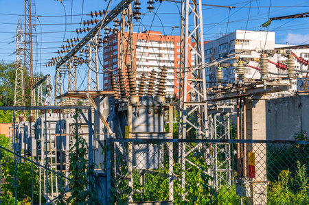 Transformer substation for providing electric energy to settlements. Electrical equipment for lowering and increasing the voltage in the electrical network and energy distribution. Electrical equipmentの写真素材