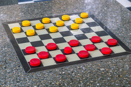 A board game of checkers. A table for playing checkers and chess. A logic game for two players. An...