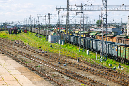 railway transport. Railway wagons at the station for the transportation of goods. Rails at the...