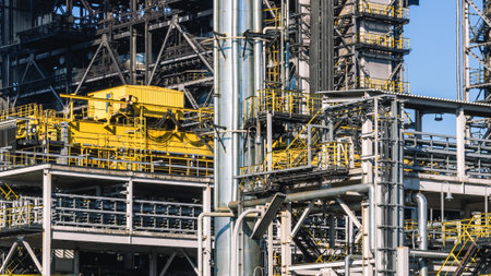 oil refining plant. Technological equipment for the production of fuel components. White smoke...