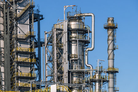 oil refining plant. Technological equipment for the production of fuel components. White smoke escapes into the atmosphere from the production equipment at the refinery. White smoke and blue sky.の写真素材