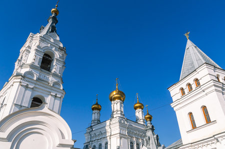 Perm Holy Trinity Stefan Monastery. A monastery for men. An ancient white-stone monastery against a...