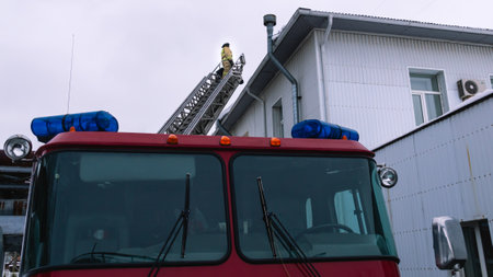 A fire truck with a retractable ladder. Equipment for rescuing people in case of fire. A rescue...