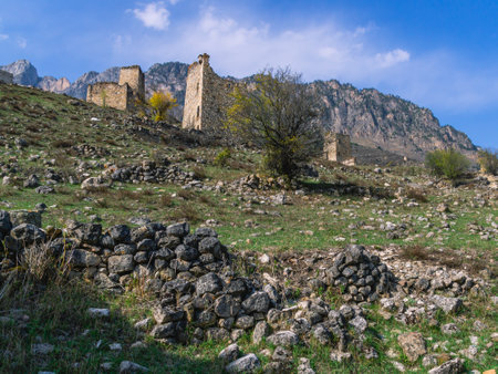 An ancient stone city in the Republic of Ingushetia. Historical structures for protection from attacks. Fortress towers made of stones against the background of mountains and blue sky.のeditorial素材