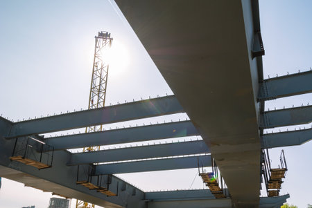 Construction of a bridge for road transport. Installation of steel structures of a multi-level...