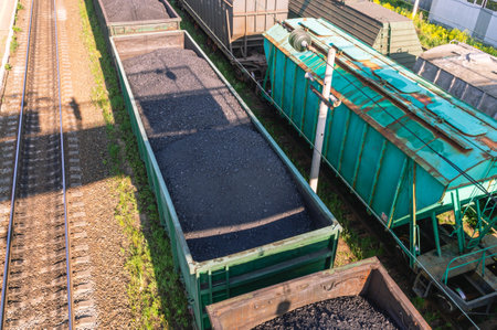 Solid fuel. Transportation of coal by rail. Energy raw materials. Coal for heating. Coal in a railway carriage at the station. Railway freight cars with industrial materials. Railway transport.の写真素材