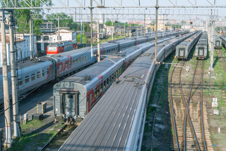 Passenger cars at the marshalling yard. Railway transport. Transport railway interchange. Rails and...