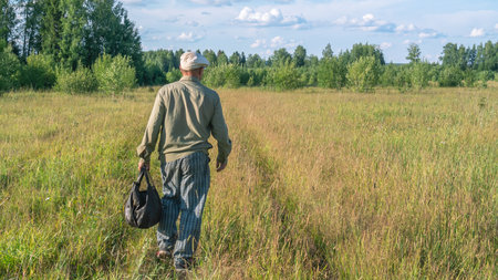 A road through a grassy field in the countryside. Nature in the village. Summer landscape in the village. An elderly man walks across the field. Picking mushrooms in the forest in summer.の写真素材