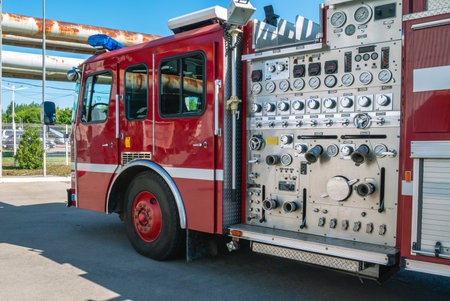 A fire truck to rescue people. A fire truck for delivering firefighters to the fire site and supplying extinguishing agent for extinguishing. The controls are located on the side oの写真素材