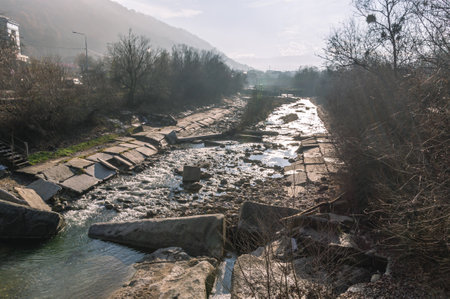 Mountain river at dawn. Rocks in a mountain river. A landscape with a view of the river.の写真素材