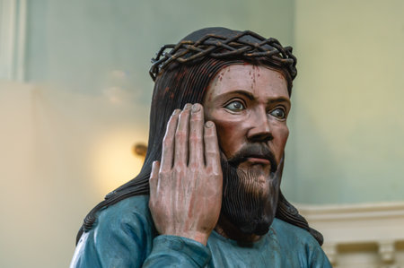 Perm wooden sculpture. A god carved out of wood. Ancient sculptures in the church. The figure of...