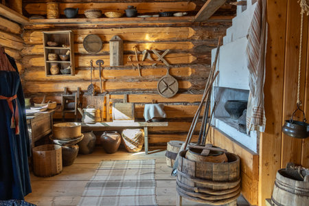 Kitchen utensils in an old wooden house. Antique tableware and household items on the wall of a wooden house. An old farmhouse with a stove for heating and cooking.の写真素材