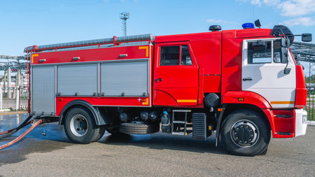 A fire truck for the delivery of firefighters to the place of fire and the supply of extinguishing...