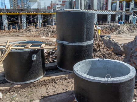Reinforced concrete rings of sewer wells. Installation of sewer networks. Laying a pipeline underground. Communications for the maintenance of pipelines for sewerage and water supply.の写真素材
