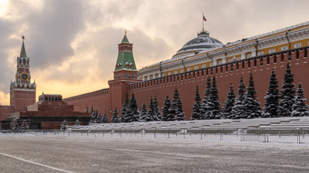 The Kremlin Wall in winter in Moscow. The mausoleum near the Kremlin on Red Square. Snow-covered fir...