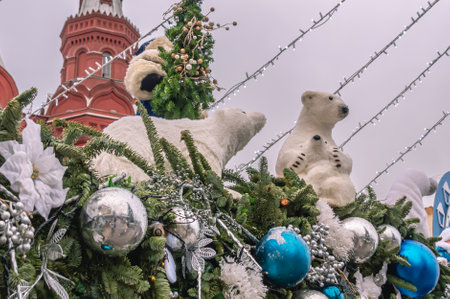Decorative figures of polar bears and Christmas decorations. Festive decorations in Moscow on Red Square. Christmas holidays and a good mood.の写真素材