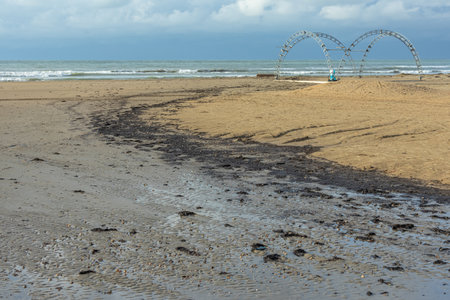 Fuel oil spill in the Kerch Strait. An ecological disaster that led to water pollution in the Black Sea and the death of animals. Pollution of nature. Fuel oil on the beach as a result of the spill.の写真素材