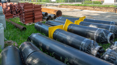 Insulation of pipelines. A large-diameter steel communication pipe with polyurethane foam insulation...