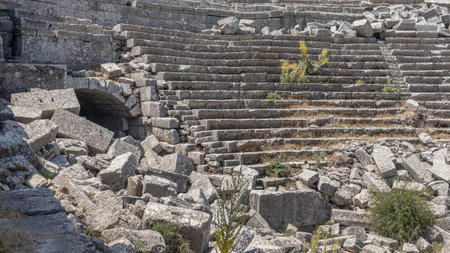 The amphitheater was built in the II century BC according to the classical Roman principle. Amphitheater in the ancient city of Termessos in Turkey. The amphitheater is high in the mountains.の写真素材