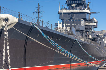 The museum ship is moored at the eternal parking lot in the port of Novorossiysk. A Soviet cruiser...