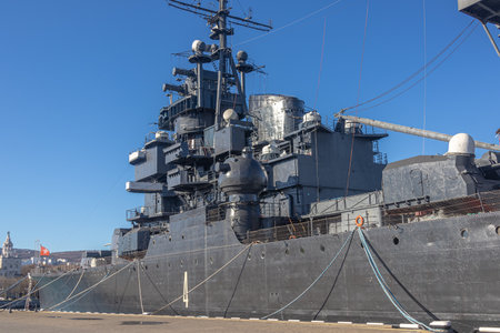 The museum ship is moored at the eternal parking lot in the port of Novorossiysk. A Soviet cruiser...