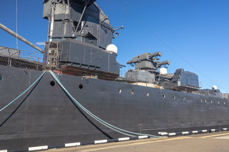 The museum ship is moored at the eternal parking lot in the port of Novorossiysk. A Soviet cruiser...