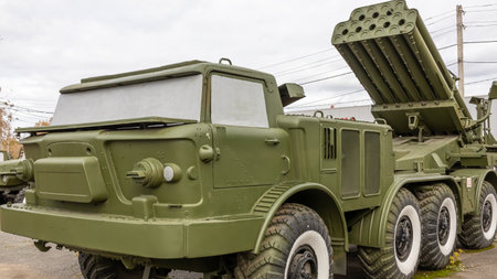 Soviet and Russian multiple rocket launchers. Field jet complex. A combat vehicle mounted on a truck...