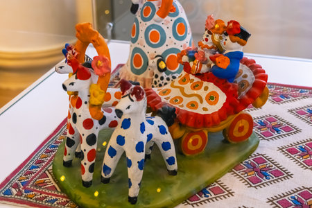The Dymkovsky toy is a Russian folk craft that consists in making clay toys. Handmade clay products. Russian toys that have been produced since the 19th century. Clay figurines.の写真素材