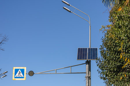 A solar station for traffic lights and fixtures. Autonomous solar-powered traffic light. Autonomous...