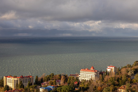 View from the windows of the hotel to other buildings for recreation on the Black Sea coast. The sea...