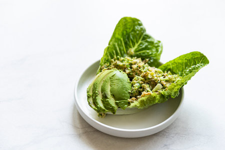 Healthy Homemade Green Lettuce Salad with Garlic and Salt. Organic Food.の写真素材