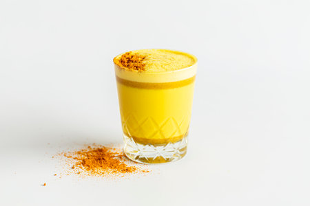 Mango latte coffee in a glass with cinnamon on white backgroundの写真素材