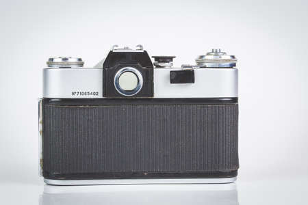 Retro camera isolated on white back viewの写真素材