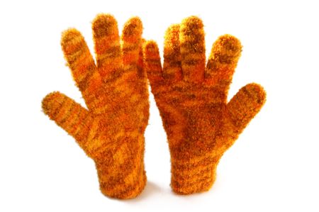 two stand woolly gloves isolated on white with work (Clipping) path by separationの写真素材