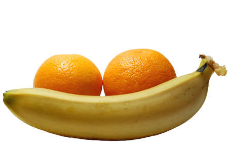 two orange and banana isolated on white background with clipping path by separationの写真素材