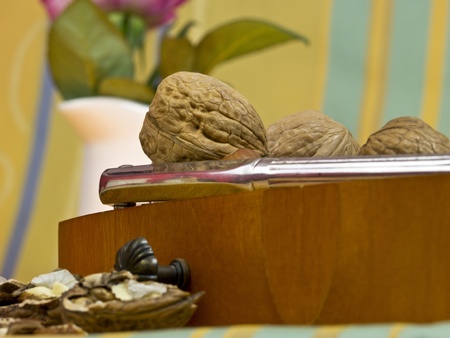 Walnuts, hazelnuts and peanuts in a drawer with a Nutcracker
