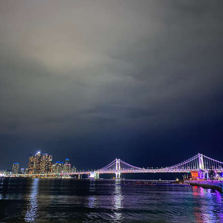 Night view of the bridge and bay.の写真素材