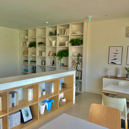 Interior of a modern living room with bookshelves and bookcasesの写真素材