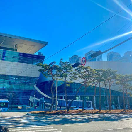 View of a modern building with surrounding urban environment.の写真素材