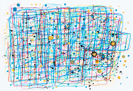 Multilayered mixed media design made of colorful chaotic lines and splashed paint