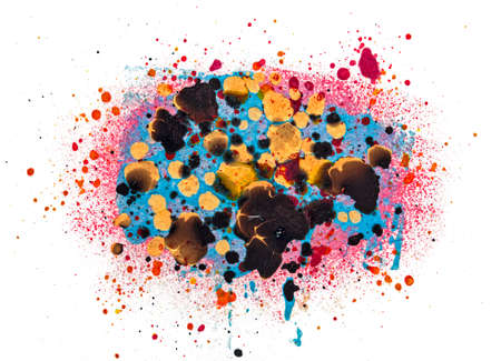 Splatter flow paint isolated on white background made with gold, blue , red and black metallic...