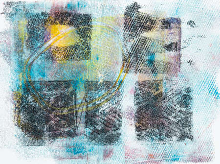 Handmade abstract acrylic design on watercolour paper background made with various textures in blue,...