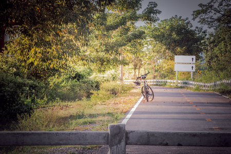 Cycling trail with trees along the way.
There is a bicycle parked on the street.の写真素材