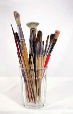 Arrangement of several bristle oil and camel hair watercolor brushes.  の写真素材