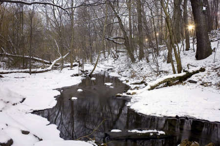 North Woods section of Central Park during a winter evening.  Photographed December, 2008 in New York, USA.の写真素材