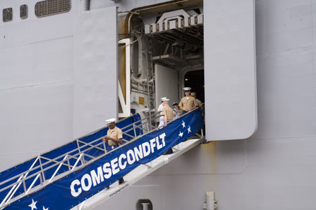 New York, New York - May 23: Entrance to the USS Iwo Jima (LHD-7), a Wasp-class amphibious assault...