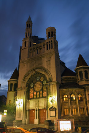 NEW YORK, NY - APRIL 10: Exterior of Redeemer Presbyterian Church at night.  Taken April 10, 2009 in New York City.のeditorial素材