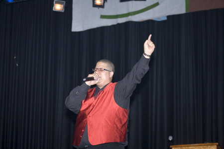 Bronx, NY - April 9: Pentecostal Christian singer Hector Delgado sings during event held at Lehman High School. Taken April 9th, 2011 in the County of the Bronx, NY.のeditorial素材