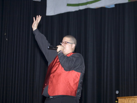 Bronx, NY - April 9: Pentecostal Christian singer Hector Delgado sings during event held at Lehman High School. Taken April 9th, 2011 in the County of the Bronx, NY.のeditorial素材