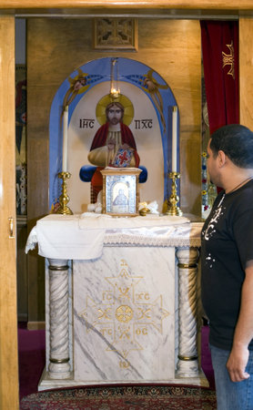 Smaller Chapel with one of the deacons on the right, located inside the Coptic Orthodox Church of St George in Brooklyn NY.  Photographed  September 2009 in the USA.  のeditorial素材